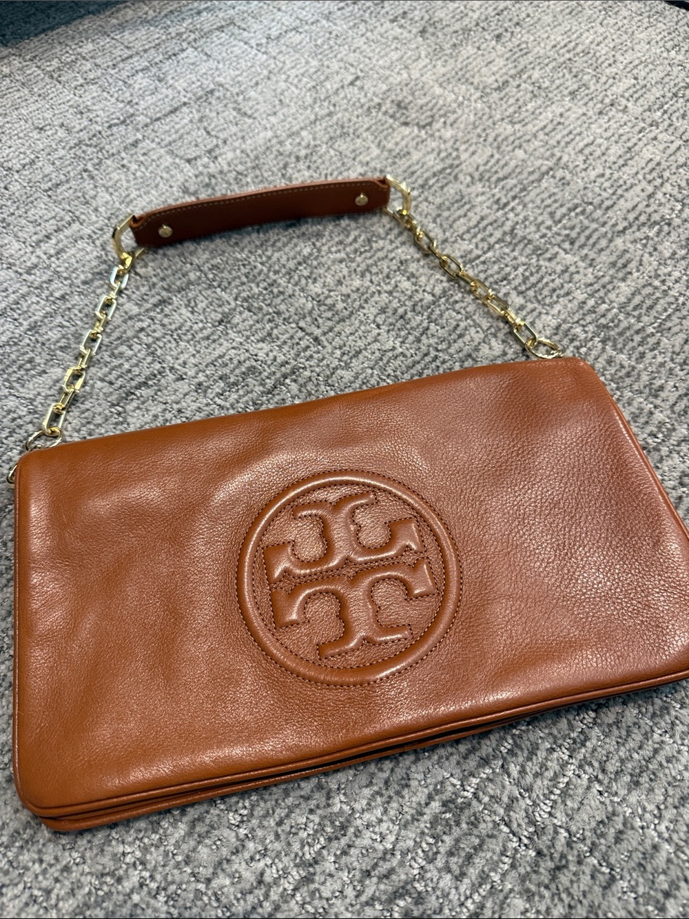 Tory Burch Amanda Logo Clutch Cognac Brown Leather Gold Chain Shoulder Bag